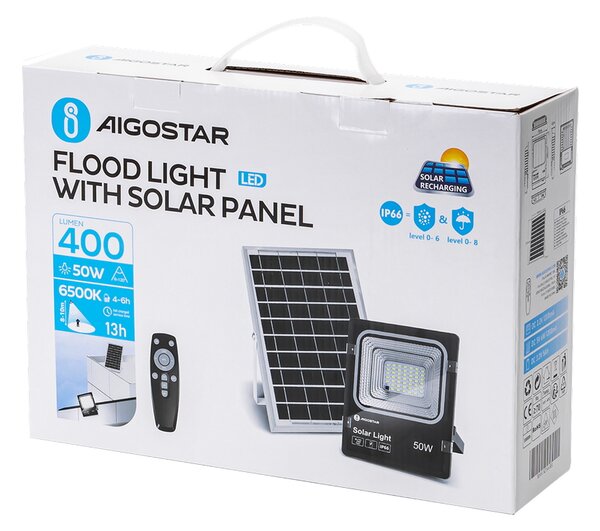 Faro Led 50W Nero con pannello solare IP66 Bianco freddo 6500K Dimmerabile con telecomando e crepuscolare Aigostar
