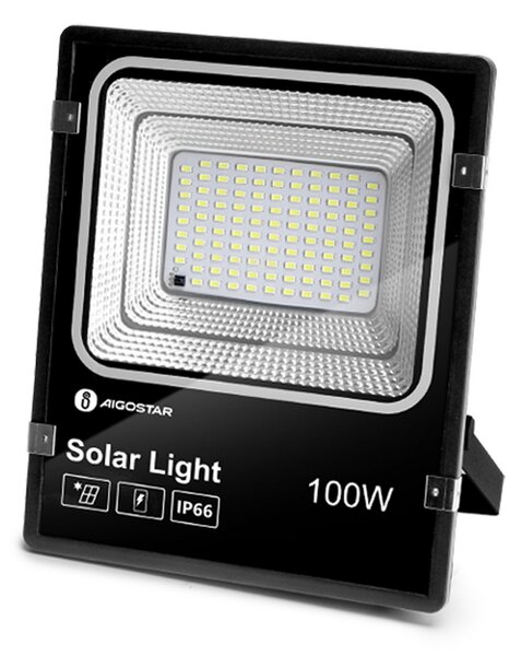 Faro Led 100W Nero con pannello solare IP66 Bianco freddo 6500K Dimmerabile con telecomando e crepuscolare Aigostar