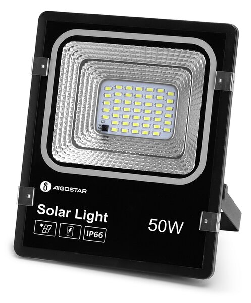 Faro Led 50W Nero con pannello solare IP66 Bianco freddo 6500K Dimmerabile con telecomando e crepuscolare Aigostar