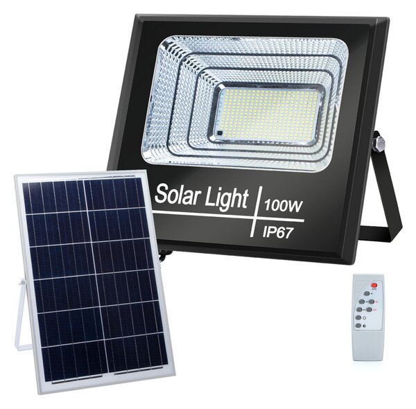 Faro Led 100W Nero con pannello solare IP67 Bianco freddo 6500K Dimmerabile con telecomando e crepuscolare Aigostar
