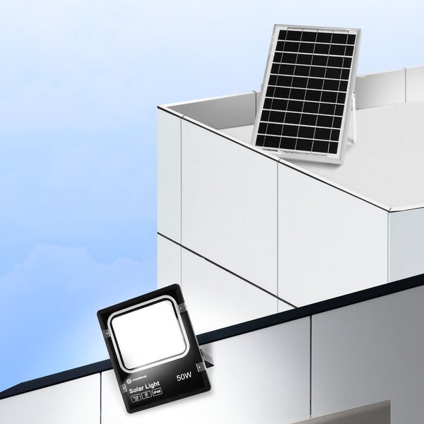 Faro Led 50W Nero con pannello solare IP66 Bianco freddo 6500K Dimmerabile con telecomando e crepuscolare Aigostar