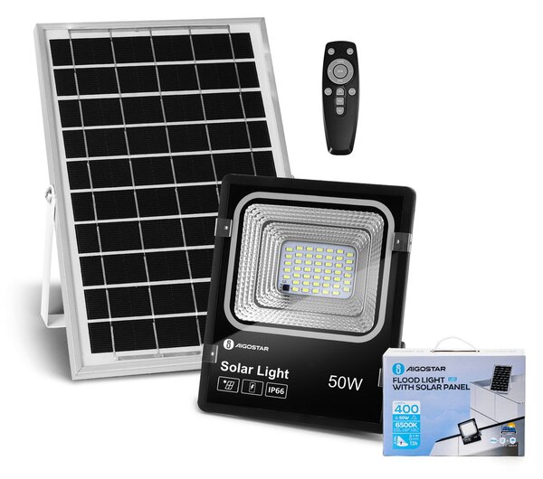 Faro Led 50W Nero con pannello solare IP66 Bianco freddo 6500K Dimmerabile con telecomando e crepuscolare Aigostar