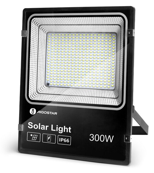 Faro Led 300W Nero con pannello solare IP66 Bianco freddo 6500K Dimmerabile con telecomando e crepuscolare Aigostar