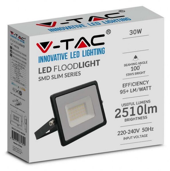 Faro proiettore Led 30W Nero da esterno IP65 Bianco neutro 4000K V-TAC