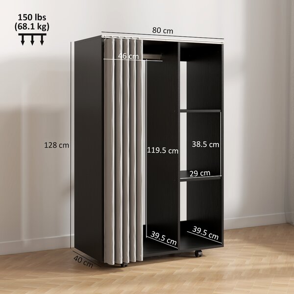 HOMCOM Armadio Guardaroba per Abiti con 4 Ruote, Asta, Appendiabiti e Ripiani Aperti, 80x40x128 cm, Nero | Aosom Italy