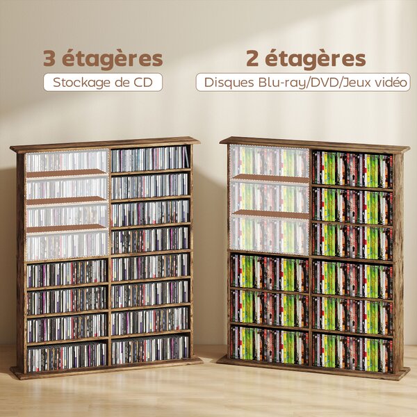 HOMCOM Libreria per CD e DVD con 16 Scomparti e 12 Ripiani Regolabili, Capienza Max. 720 CD/396 DVD e Blu-ray, Marrone | Aosom Italy