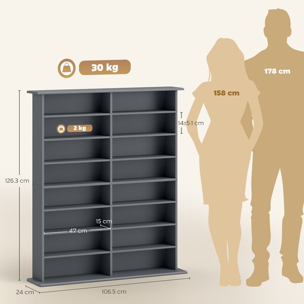 HOMCOM Libreria per CD e DVD con 16 Scomparti e 12 Ripiani Regolabili, Capienza Max. 720 CD/396 DVD e Blu-ray, Grigio | Aosom Italy
