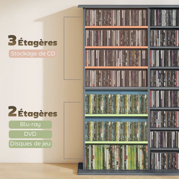 HOMCOM Libreria per CD e DVD con 16 Scomparti e 12 Ripiani Regolabili, Capienza Max. 720 CD/396 DVD e Blu-ray, Grigio | Aosom Italy
