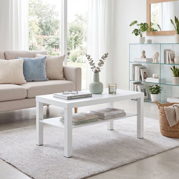 HOMCOM Tavolino Rettangolare da Salotto a 2 Livelli con Ripiano di Stoccaggio, 90x45x44,5 cm, Bianco | Aosom Italy