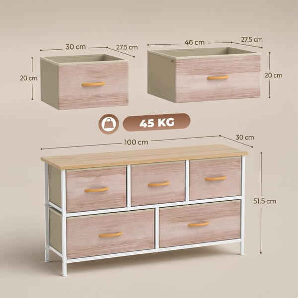 HOMCOM Cassettiera con 5 Cassetti, Telaio in Metallo, per Soggiorno, Camera e Ufficio, Naturale e Bianco | Aosom Italy