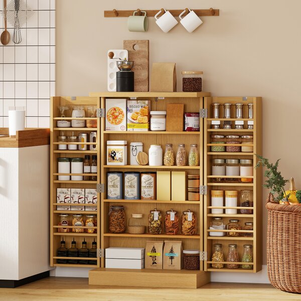 HOMCOM Armadio Cucina in Rattan 104 cm con Ripiani a 5 Livelli, 12 Scomparti per Spezie e Ripiani Regolabili, Legno Naturale | Aosom Italy