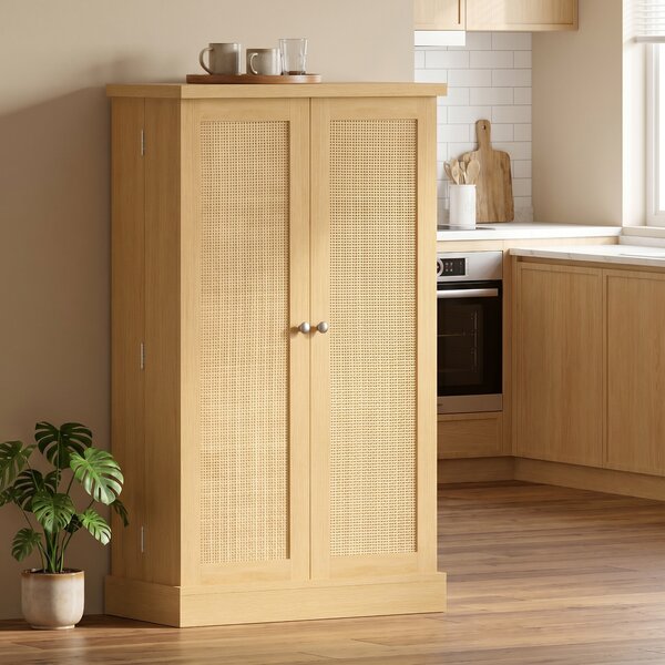 HOMCOM Armadio Cucina in Rattan 104 cm con Ripiani a 5 Livelli, 12 Scomparti per Spezie e Ripiani Regolabili, Legno Naturale | Aosom Italy