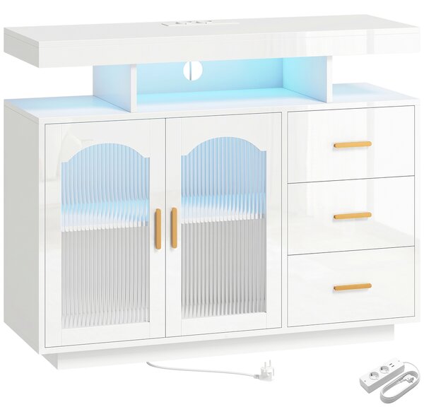 HOMCOM Madia Lucida con Illuminazione LED, Prese Integrate, 3 Cassetti, Ripiani e 2 Ante in Acrilico, Bianco | Aosom Italy