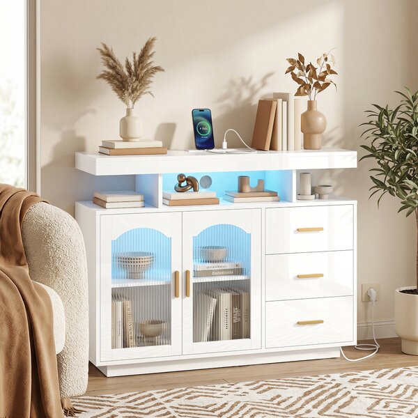 HOMCOM Madia Lucida con Illuminazione LED, Prese Integrate, 3 Cassetti, Ripiani e 2 Ante in Acrilico, Bianco | Aosom Italy