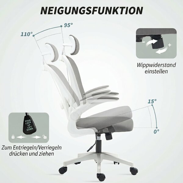 HOMCOM Sedia da Ufficio Ergonomica con Braccioli Ribaltabili, Supporto Lombare Regolabile, Grigio | Aosom Italy