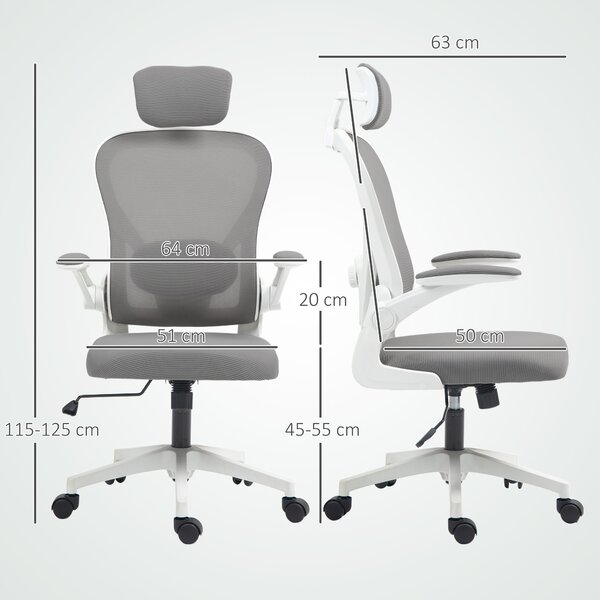 HOMCOM Sedia da Ufficio Ergonomica con Braccioli Ribaltabili, Supporto Lombare Regolabile, Grigio | Aosom Italy