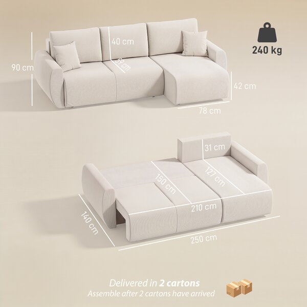 HOMCOM Divano Letto con Chaise Longue Reversibile, Divano 3 Posti a Forma L in Finta Pelle Scamosciata, Bianco Crema | Aosom Italy