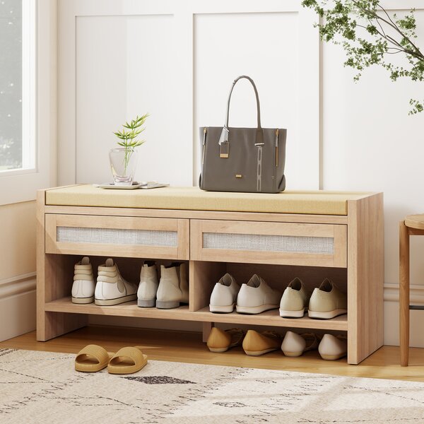 HOMCOM Panca Porta Scarpe Ingresso con Seduta Imbottita Effetto Lino, 2 Cassetti in Rattan e Ripiano Aperto, Rovere | Aosom Italy