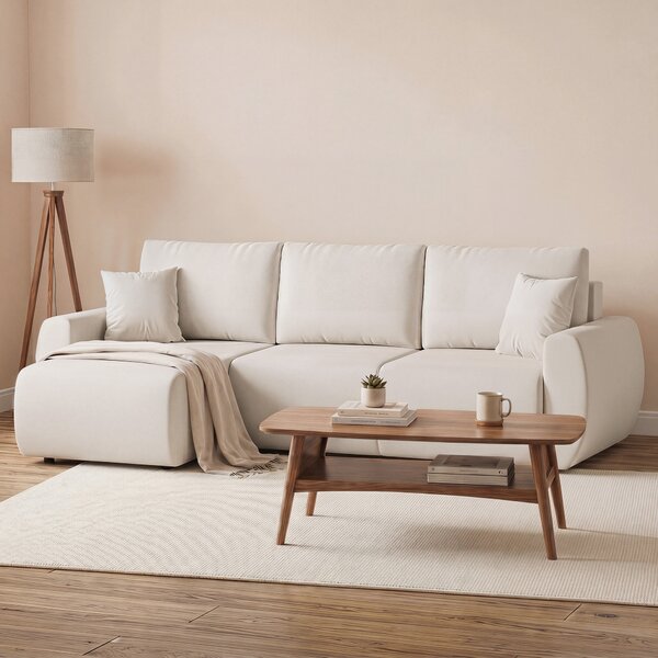 HOMCOM Divano Letto con Chaise Longue Reversibile, Divano 3 Posti a Forma L in Finta Pelle Scamosciata, Bianco Crema | Aosom Italy