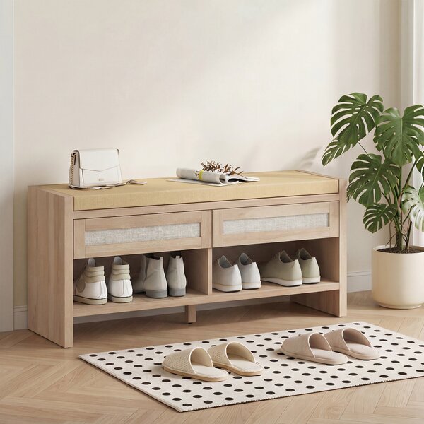 HOMCOM Panca Porta Scarpe Ingresso con Seduta Imbottita Effetto Lino, 2 Cassetti in Rattan e Ripiano Aperto, Rovere | Aosom Italy