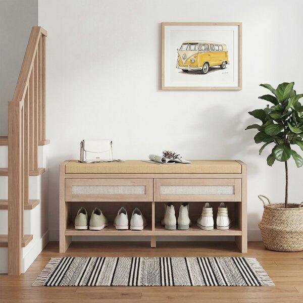 HOMCOM Panca Porta Scarpe Ingresso con Seduta Imbottita Effetto Lino, 2 Cassetti in Rattan e Ripiano Aperto, Rovere | Aosom Italy