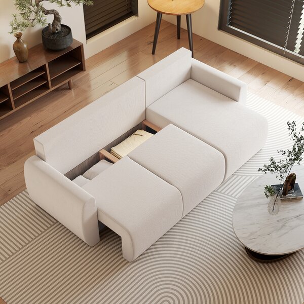 HOMCOM Divano Letto con Chaise Longue Reversibile, Divano 3 Posti a Forma L in Finta Pelle Scamosciata, Bianco Crema | Aosom Italy
