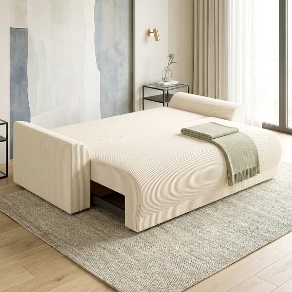 HOMCOM Divano Letto 190x150 cm 3 Posti con Funzione Letto, Cuscini, Vano Portaoggetti, Effetto Velluto a Coste per Soggiorno, Beige | Aosom Italy