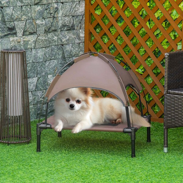 PawHut Brandina per Cani Rialzata e Traspirante con Tetto Rimovibile, in Metallo e Tessuto Oxford, 61x46x62 cm, Marrone | Aosom Italy