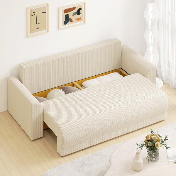 HOMCOM Divano Letto 190x150 cm 3 Posti con Funzione Letto, Cuscini, Vano Portaoggetti, Effetto Velluto a Coste per Soggiorno, Beige | Aosom Italy