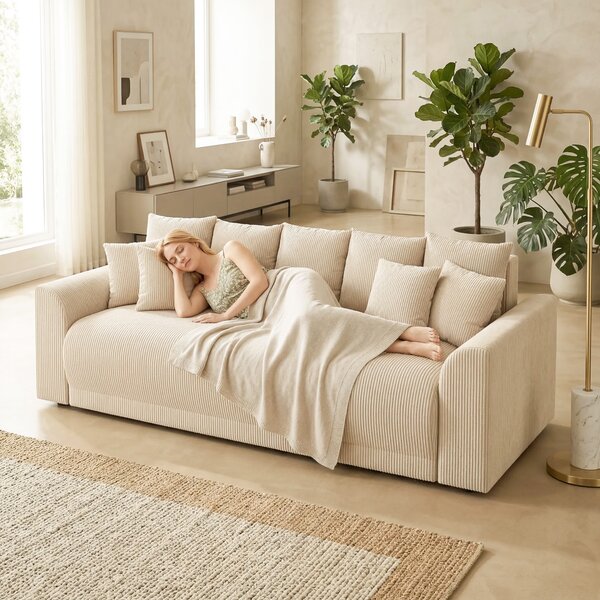 HOMCOM Divano Letto 190x150 cm 3 Posti con Funzione Letto, Cuscini, Vano Portaoggetti, Effetto Velluto a Coste per Soggiorno, Beige | Aosom Italy