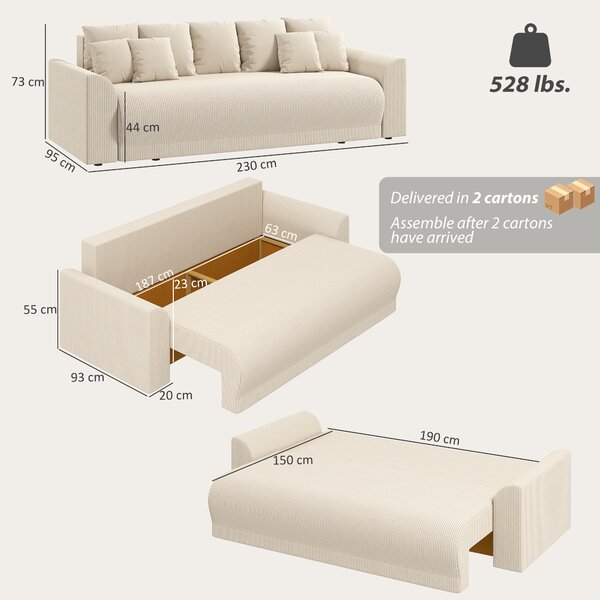 HOMCOM Divano Letto 190x150 cm 3 Posti con Funzione Letto, Cuscini, Vano Portaoggetti, Effetto Velluto a Coste per Soggiorno, Beige | Aosom Italy