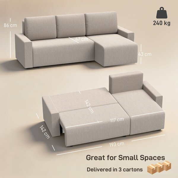 HOMCOM Divano Angolare con Funzione Letto e Chaise Longue Reversibile, Divano 3 Posti a Forma di L in Effetto Pelle Scamosciata Sintetica, Beige | Aosom Italy