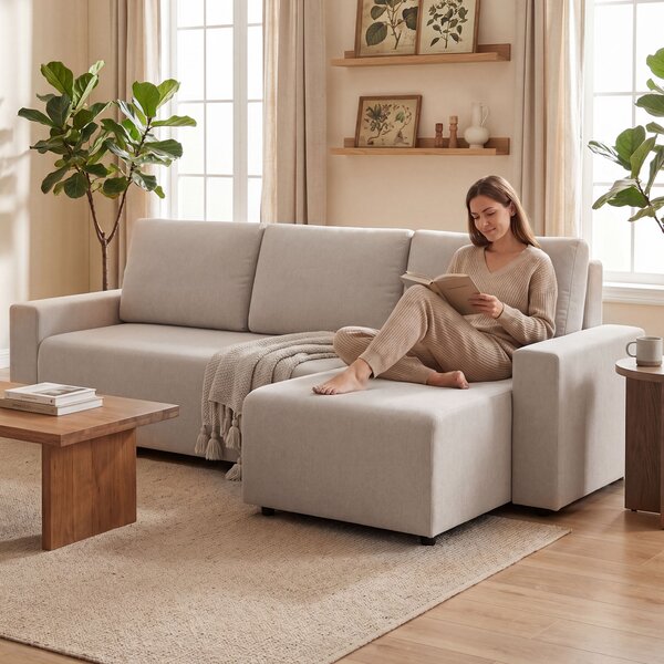 HOMCOM Divano Angolare con Funzione Letto e Chaise Longue Reversibile, Divano 3 Posti a Forma di L in Effetto Pelle Scamosciata Sintetica, Beige | Aosom Italy