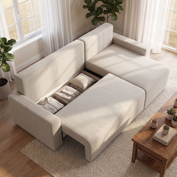 HOMCOM Divano Angolare con Funzione Letto e Chaise Longue Reversibile, Divano 3 Posti a Forma di L in Effetto Pelle Scamosciata Sintetica, Beige | Aosom Italy