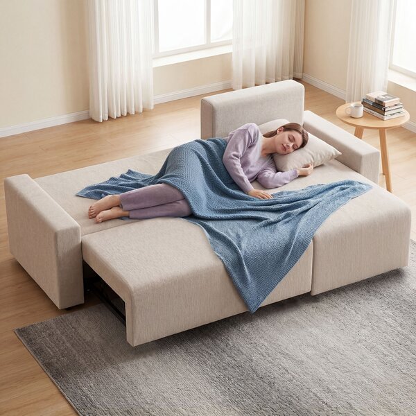 HOMCOM Divano Angolare con Funzione Letto e Chaise Longue Reversibile, Divano 3 Posti a Forma di L in Effetto Pelle Scamosciata Sintetica, Beige | Aosom Italy
