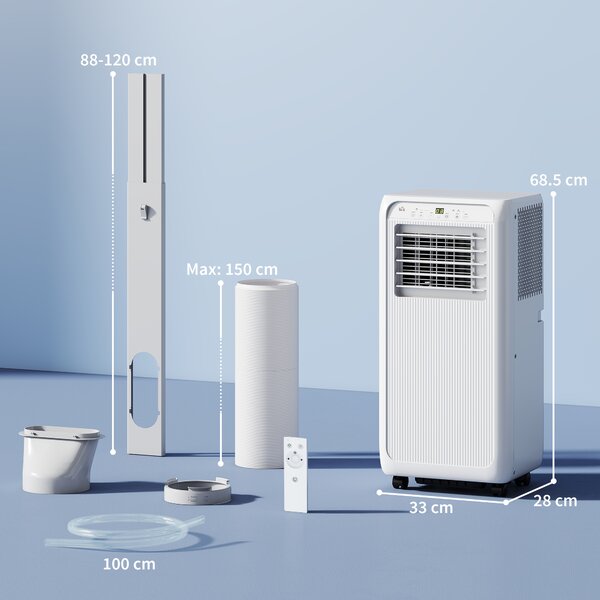 HOMCOM Condizionatore Mobile per Stanze fino a 28m², con Deumidificatore, Timer 24H, Ruote, Kit per Montaggio su Finestra, 33x28x68,5 cm, Bianco | Aosom Italy