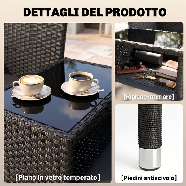 Outsunny Divanetto per Esterni 2 Posti con Tavolino da Caffè, in Acciaio e Rattan PE, 137x59x82 cm, Nero|Aosom