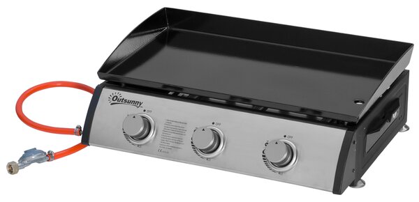 Outsunny Piastra Antiaderente a Gas Barbecue con 3 Bruciatori da 3kW da Tavolo, 62x46x21cm, Nero | Aosom Italy