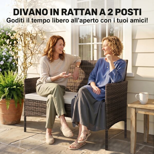 Outsunny Divano da Giardino 2 Posti con Cuscini e Tappetini Antiscivolo, in Rattan e Acciaio, 115x63x85 cm, Beige | Aosom Italy