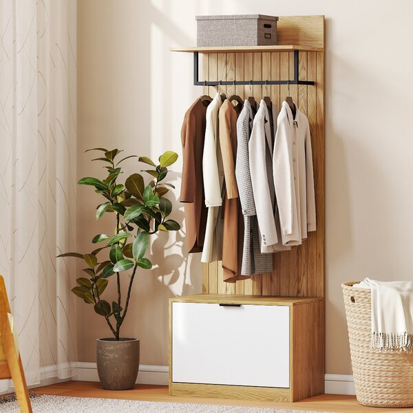 HOMCOM Mobile da Ingresso 5-in-1 con 4 Ganci a S mobili, Panca Scarpiera e Appendiabiti, 60x30x170 cm, Rovere e Bianco | Aosom Italy