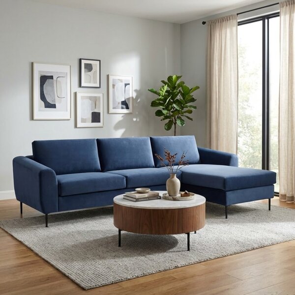 DecHome Divano Angolare 3 Posti Moderno con Chaise Longue in Tessuto Dimensioni 181x96x84cm colore Blu - Kos