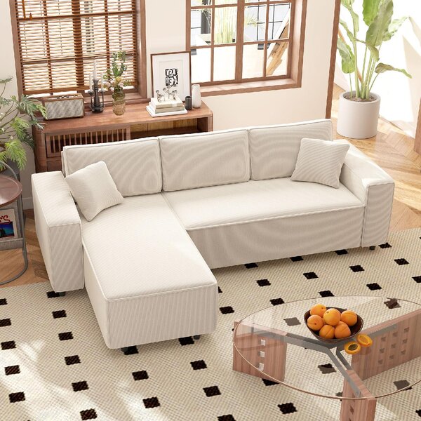 DecHome Divano Angolare 3 Posti Moderno con Chaise Longue in Velluto Dimensioni 241x153x83 cm colore Bianco Crema