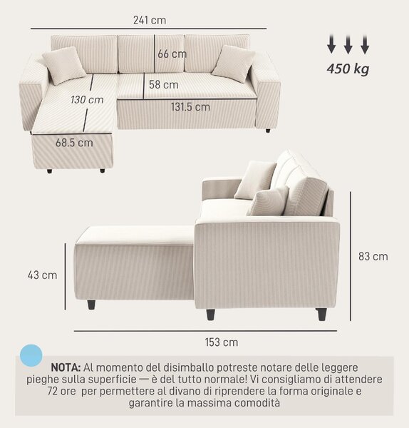 DecHome Divano Angolare 3 Posti Moderno con Chaise Longue in Velluto Dimensioni 241x153x83 cm colore Bianco Crema
