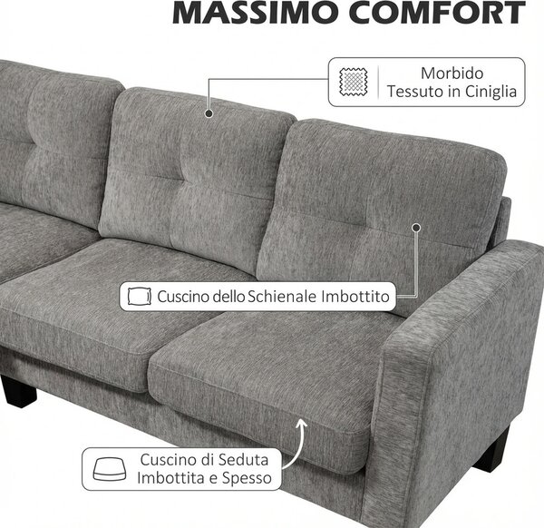 DecHome Divano Angolare 3 Posti Moderno con Chaise Longue in Tessuto effetto Ciniglia Dimensioni 186x130x84 cm colore Tortora