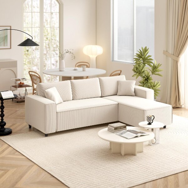DecHome Divano Angolare 3 Posti Moderno con Chaise Longue in Velluto Dimensioni 241x153x83 cm colore Bianco Crema