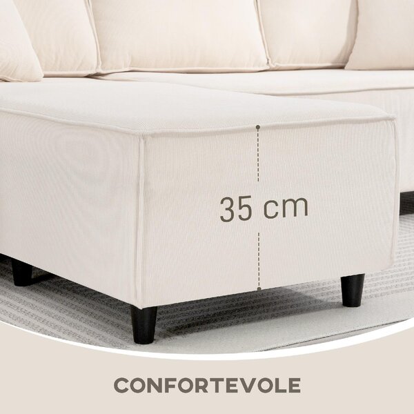 DecHome Divano Angolare 3 Posti Moderno con Chaise Longue in Velluto Dimensioni 241x153x83 cm colore Bianco Crema