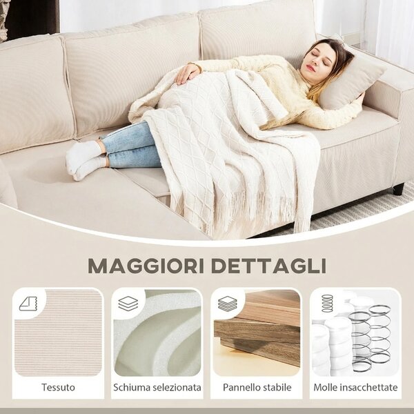 DecHome Divano Angolare 3 Posti Moderno con Chaise Longue in Velluto Dimensioni 241x153x83 cm colore Bianco Crema