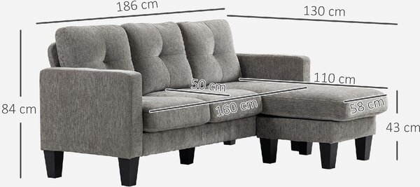 DecHome Divano Angolare 3 Posti Moderno con Chaise Longue in Tessuto effetto Ciniglia Dimensioni 186x130x84 cm colore Tortora