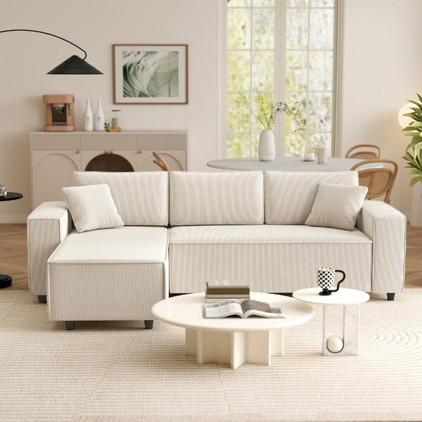 DecHome Divano Angolare 3 Posti Moderno con Chaise Longue in Velluto Dimensioni 241x153x83 cm colore Bianco Crema