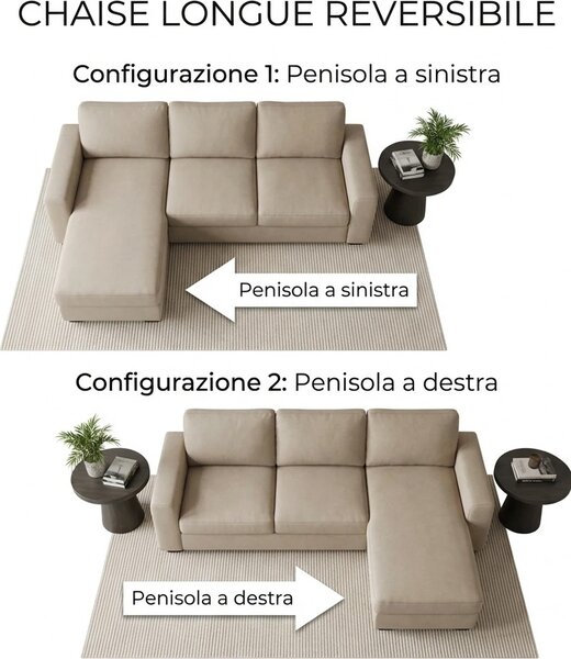 DecHome Divano Angolare 3 Posti Moderno con Chaise Longue in Velluto Dimensioni 241x153x83 cm colore Bianco Crema